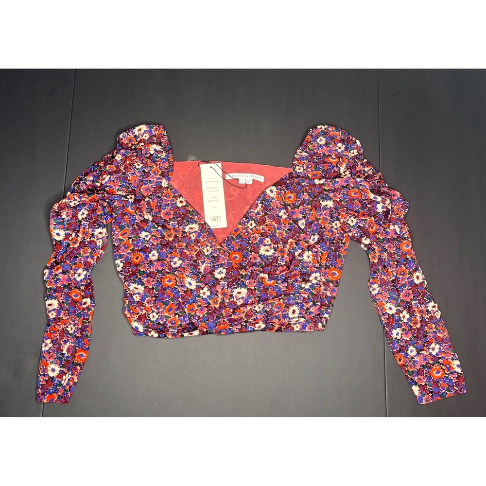 Veronica Beard Sabo Top Berry Multi Floral Wrap Cropped Top - Purple Floral NWT - Picture 3 of 4